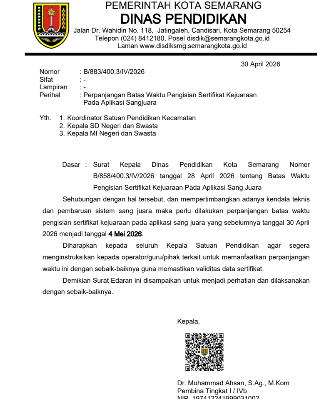 Perpanjangan Batas Waktu Pengisian Sertifikat Kejuaraan pada Aplikasi Sangjuara